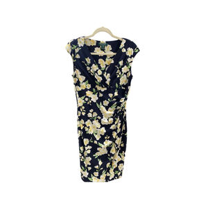 LAUREN Ralph Lauren Navy Blue/Yellow Floral Ruched Dress - Size 10 (EUC)